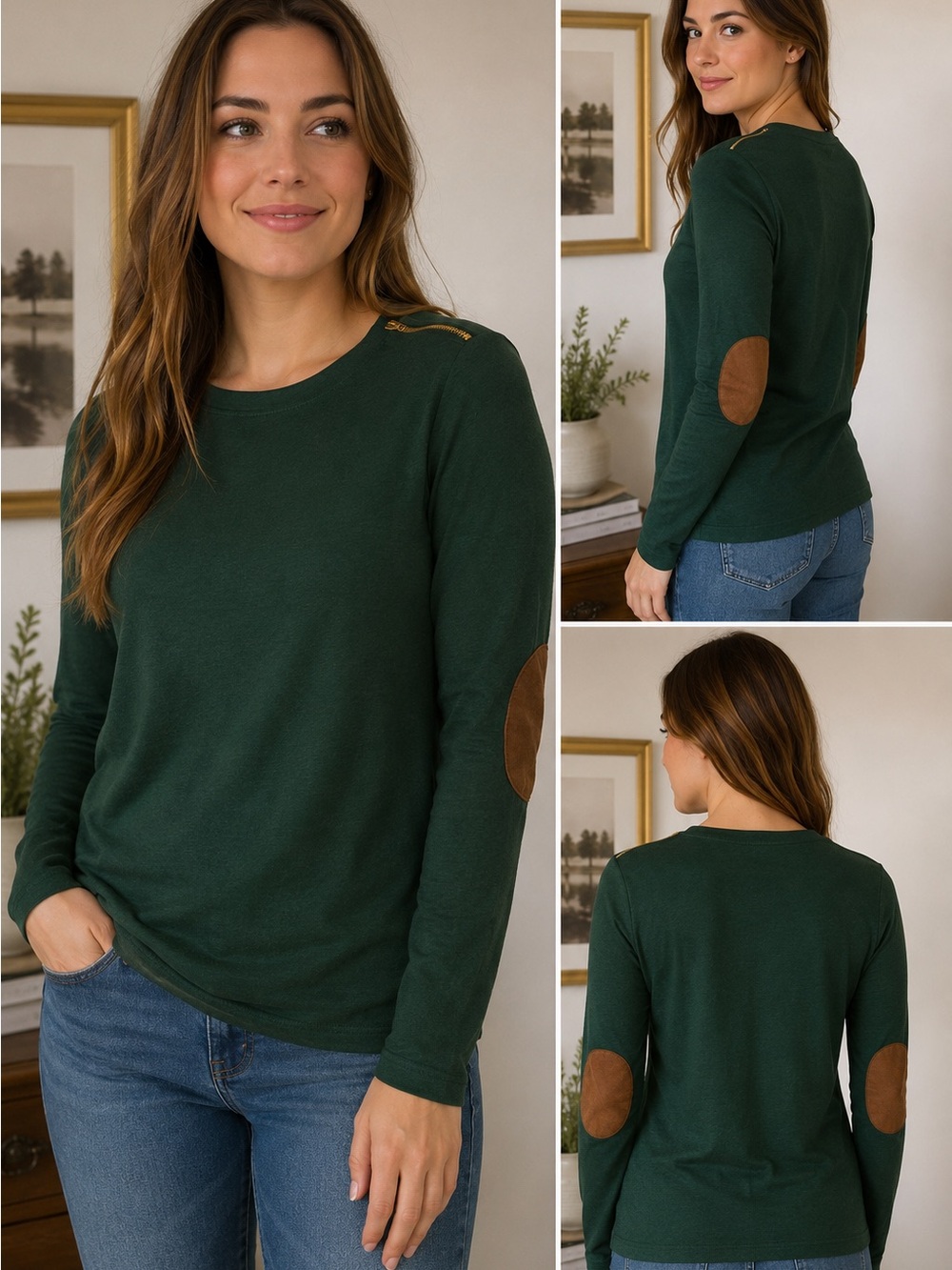 Lauren Ralph Lauren Green Elbow Patch Zip Accent Top Large